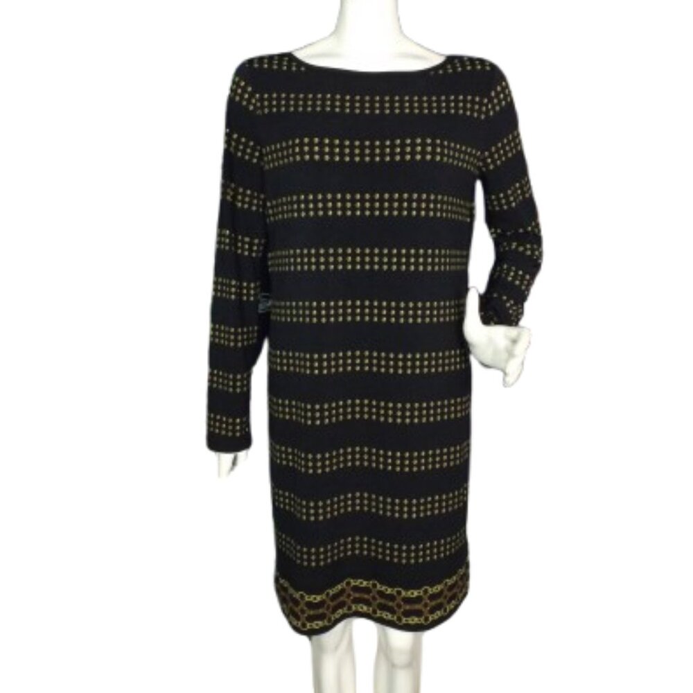 MICHAEL KORS Dress, L, Black/Golden studs/chain print, Long sleeve, Stripe